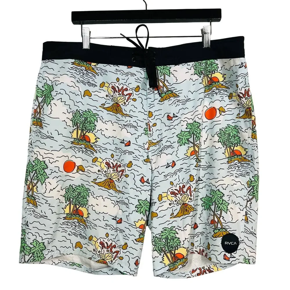 RVCA Industry Print Shorts Swim Unlined Black Blue - 38